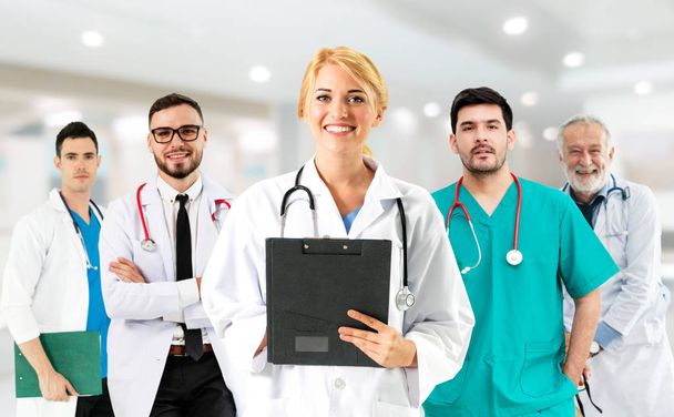 Healthcare people group. Professional doctor working in hospital office or clinic with other doctors, nurse and surgeon. Medical technology research institute and doctor staff service concept. - Φωτογραφία, εικόνα