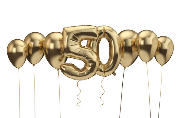50th birthday gold balloon background. Happy Birthday. 3D Rendering - Foto, imagen
