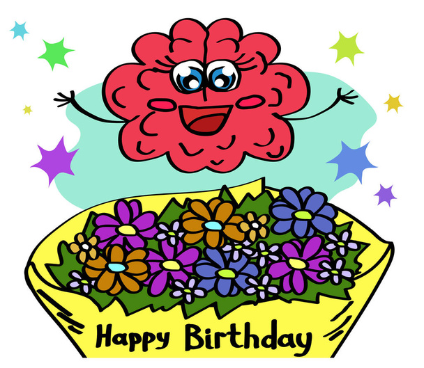 A cute brain receives a bouquet of flowers. Cartoon. Vector illustration. - Vector, imagen