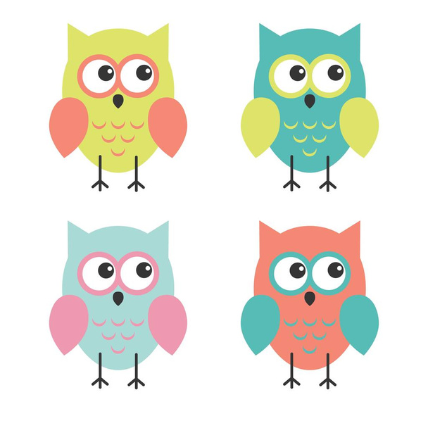 set of cute colorful owls isolated on white background - Vector, Image