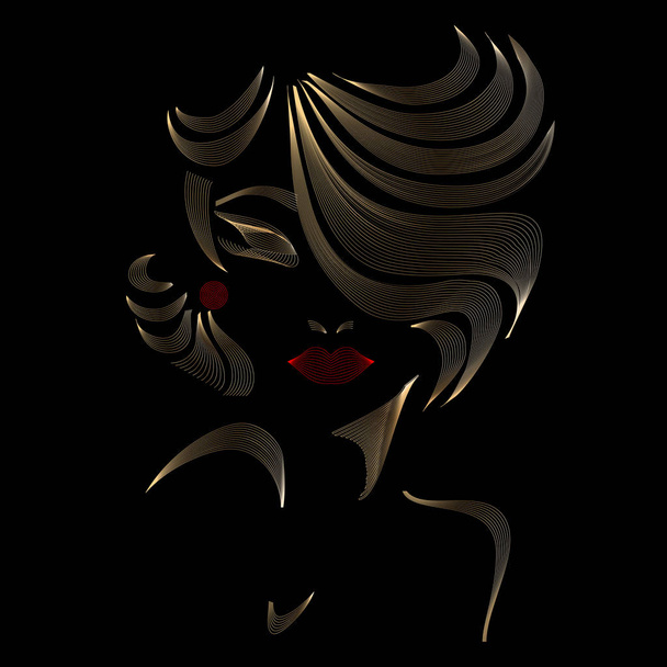 silhueta, rosto de meninas, arte linear, ícone, silhueta dourada sobre fundo preto, ilustração vetorial, eps 10
 - Vetor, Imagem
