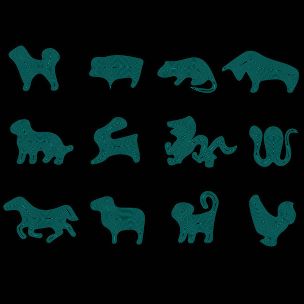 Zestaw ikon dla wschodniego horoskopu: Szczur, byk, Tygrys, królik, Smok, wąż, koń, owce, małpa, kogut, pies, świnia, ilustracja wektorowa, EPS 10 - Wektor, obraz