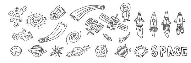 Folheto informativo desenhado à mão conjunto objetos de espaço
.  - Vetor, Imagem