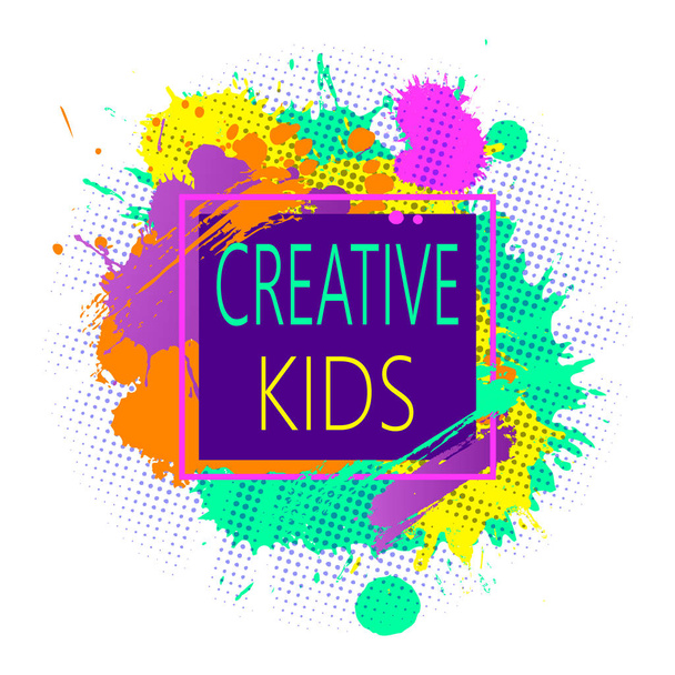 Moderne kleurrijke frame ontwerp met Greative Kids embleem voor kinderen klassen voor kunst en plezier op een witte achtergrond. - Vector, afbeelding