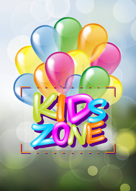 Kleurrijke glanzende ballonnen met Kids zone plaat voor kinderen playg - Vector, afbeelding