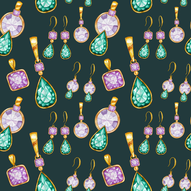 Seamless pattern with earrings and pendants of Crystal in a gold frame. Hand drawn watercolor Gemstone diamond jewelry. Bright colors green, purple Fabric texture. Green Background for scrapbooking - Photo, Image