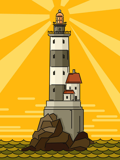 Simple cartoon illustrations of lighthouse at sunset. - Vector, Image