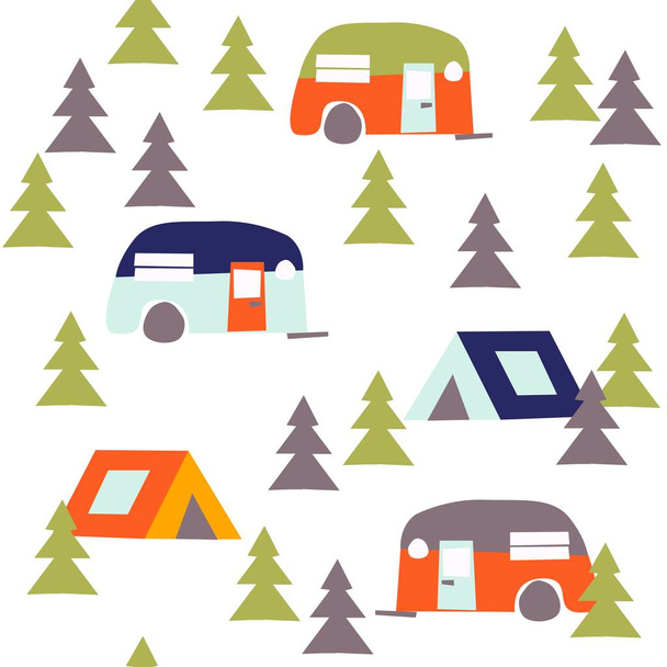  stylized illustration of active young people. Campaign with tents in the forest. Summer season background people  illustration flat design - Photo, Image