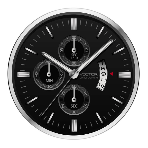 Realistic black silver clock watch chronograph on white background vector illustration. - Vector, Image