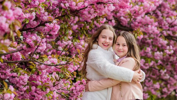 Children enjoy warm spring. Lost in blossom. Girls posing near sakura. Kids on pink flowers of sakura tree background. Botany concept. Kids enjoying cherry blossom sakura. Flowers soft pink clouds - Photo, Image