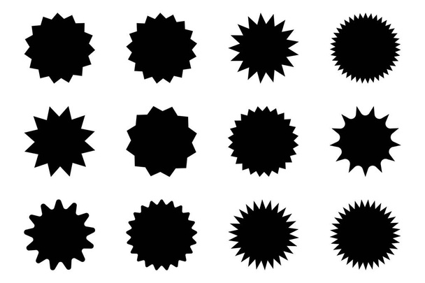 Serie di starburst vettoriali, distintivi Sunburst. Icone nere su sfondo bianco. Semplice stile piatto etichette vintage, adesivi. - Vettoriali, immagini