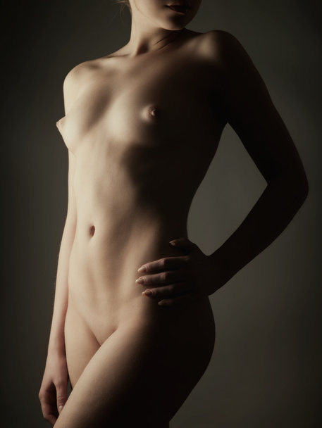 Fashionable female body over dark background - Foto, Imagen