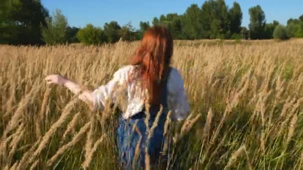 rothaarige Mädchen in blauen Overalls in einem Feld von Stacheln - Filmmaterial, Video