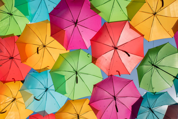 Värikkäitä sateenvarjoja kadulla Aguedassa, Aveirossa - Portugali
 - Valokuva, kuva
