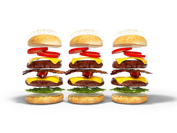 Állítsa be a három hamburgert szétszerelt 3D render fehér háttérb - Fotó, kép