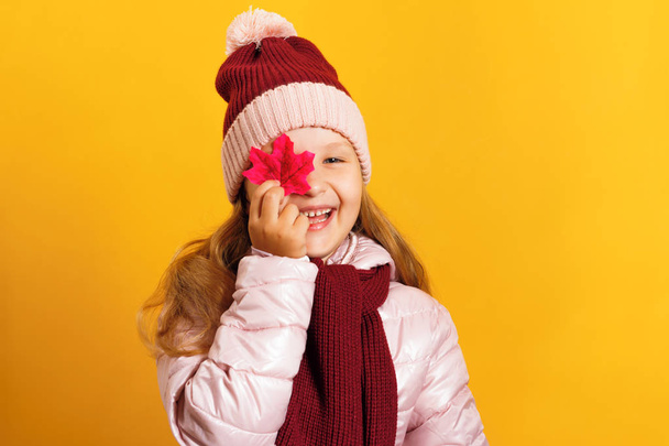 Portrait of a cute little girl in a jacket, scarf and hat on a yellow background. The child holds a maple leaf. Autumn concept. - Fotó, kép