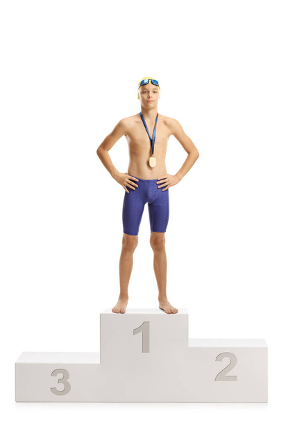 Professional junior swimmer winner on the first place of a pedes - Fotoğraf, Görsel