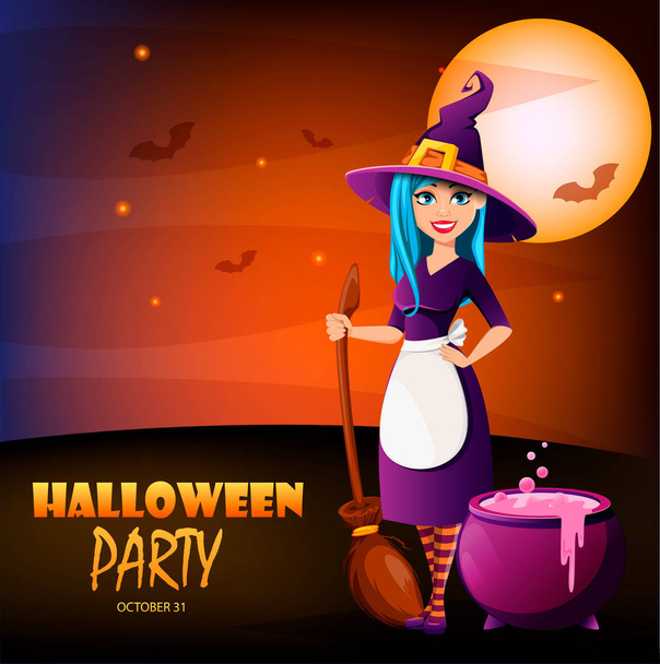 Halloween Party. Gyönyörű hölgy boszorkány - Vektor, kép