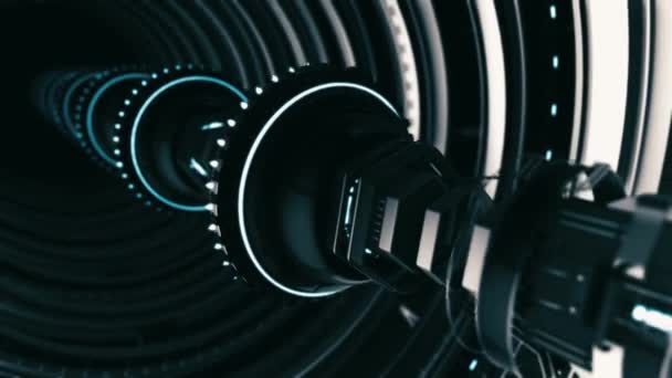 Animowany futurystyczny tunel 3D obracające się chromowane okręgi z wydłużonego urządzenia elektronicznego na czarnym tle. Animacji. Subtelne elementy mechaniczne na czarnym tle. - Materiał filmowy, wideo