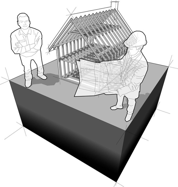 διάγραμμα του ξύλινου πλαισίου κατασκευή ενός απλού Μονοκατοικία με αρχιτέκτονα και ευτυχισμένο χαμογελαστή πελάτη στέκεται μπροστά του  - Διάνυσμα, εικόνα