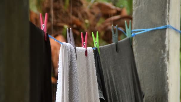 Secado de ropa limpia en la línea de lavado bajo la lluvia
. - Metraje, vídeo