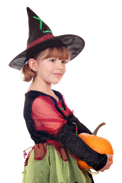 little girl witch holding pumpkin on white - 写真・画像
