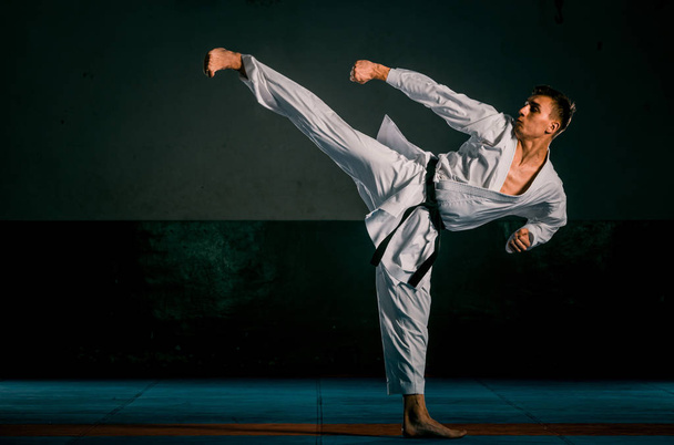 Young man is practicing martial arts in sport gym - Photo, Image