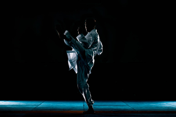 Αρσενικό μαχητικό καράτε στο Λευκό κιμονό εκπαίδευση - Φωτογραφία, εικόνα