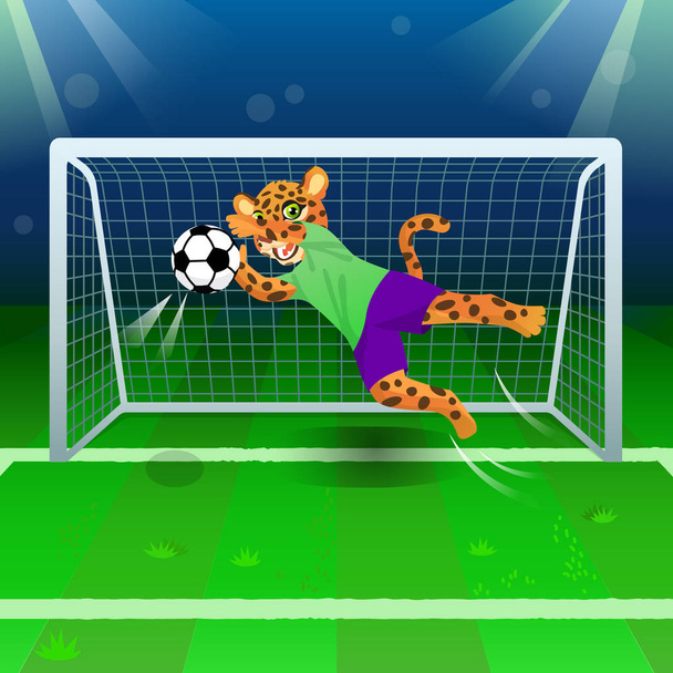 A onça-pintada como goleiro pegando a bola de futebol perto de portões no campo
 - Vetor, Imagem