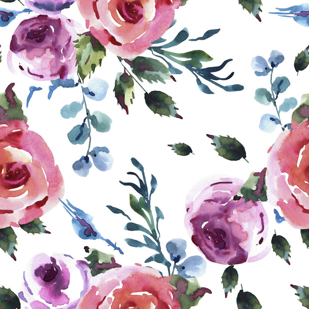 バラ水彩花の縫い目パターン、ピンクの水彩ローズ、W - 写真・画像
