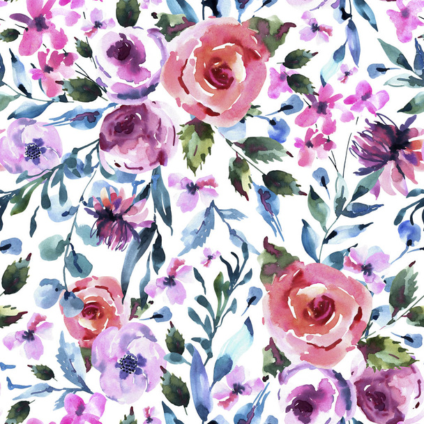 バラ水彩花の縫い目パターン、ピンクの水彩ローズ、W - 写真・画像