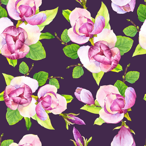 Spring seamless background with watercolor magnolia. Floral purple pattern with realistic flowers on black background for your design and decor. - Zdjęcie, obraz
