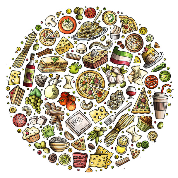 Doodle sada italské jídlo kreslené objekty, symboly a předměty - Vektor, obrázek