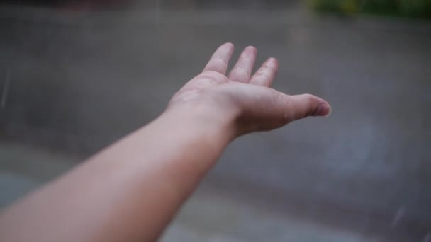 La mano infantile è sotto doccia reale con grandine su un ciglio della strada in Polonia in estate
 - Filmati, video