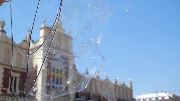 Burbujas de jabón alegres son atrapados por los niños riendo en la plaza de Cracovia en verano
 - Metraje, vídeo