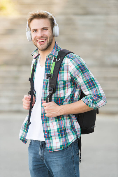 Educational technology use physical hardware software and educational theoretic. College education. College life. Modern and digital. College student headphones smartphone. Listen music. Audio book - Photo, Image
