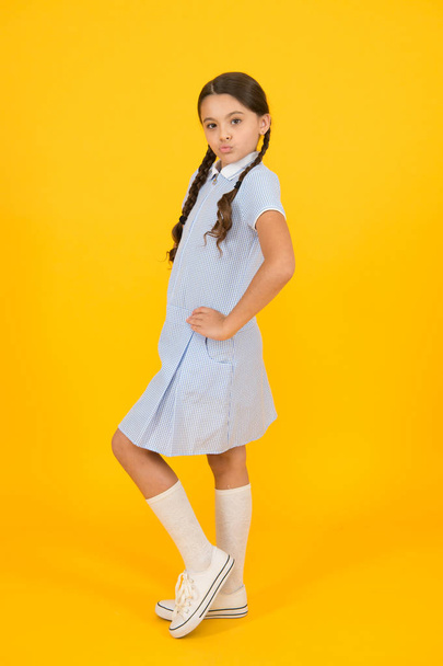 Beautiful braids. Braided hairstyle concept. Cute braids. Girl with braided hair style. Hairdresser salon. Tender schoolgirl on yellow background. Tidy hairstyle. Little girl with cute braids - Fotó, kép