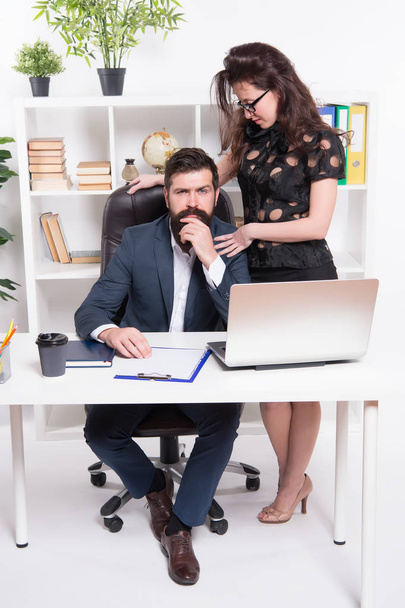 Experienced business affairs executives. Business professionals at work. Business couple working and communicating in office. Coworkers or managers leading informal business meeting - Φωτογραφία, εικόνα