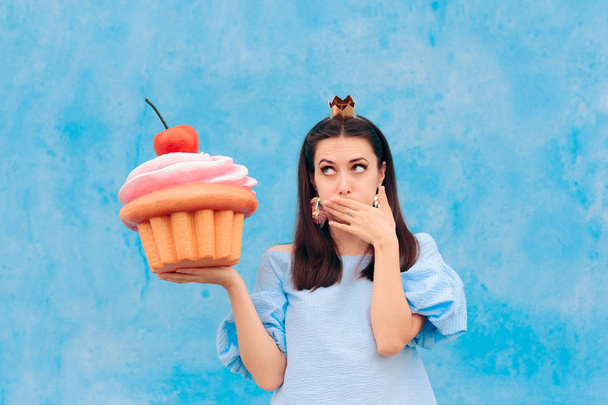 Birthday Woman Eating Cupcake Feeling Sick - Foto, immagini