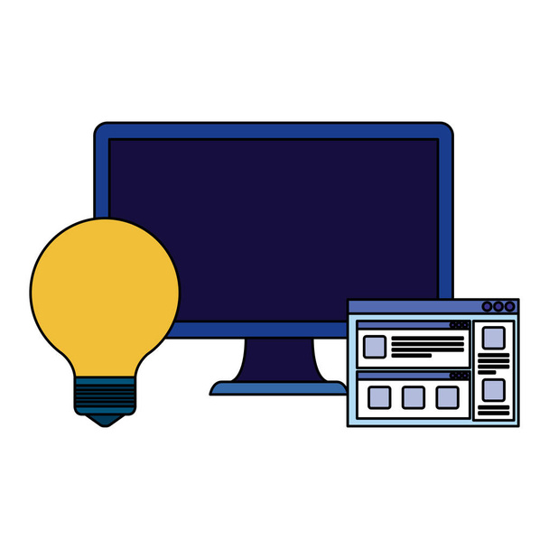 Desktop-Computer mit Webseiten-Vorlage und Glühbirne - Vektor, Bild