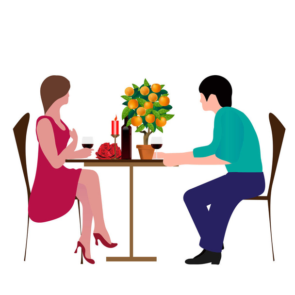 Cute couple sitting at table, drinking tea or coffee and talking. Young funny man and woman at cafe on date. - Vector, Image