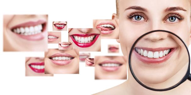Junge Frau nahe Collage mit gesunden Zähnen. - Foto, Bild