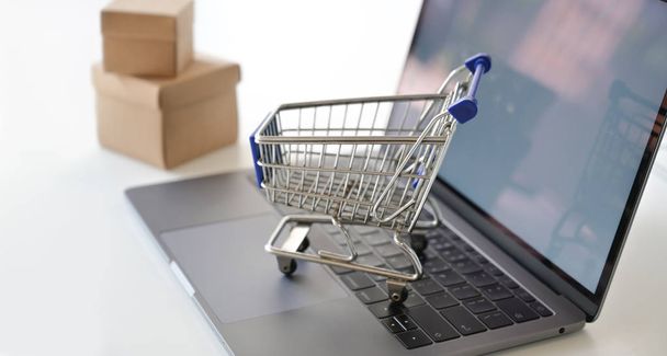 Vásárlás Online koncepció: kigúnyolják bevásárlókocsi a laptop - Fotó, kép