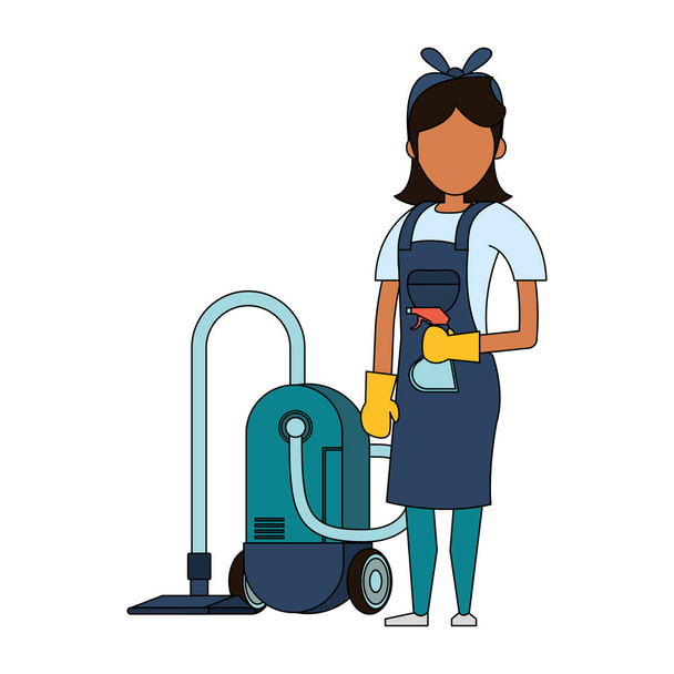 Чистий працівник з прибиральними продуктами та обладнанням
 - Вектор, зображення