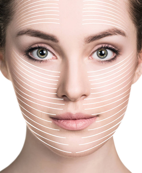Grafické čáry ukazují efekt zvedání obličeje na kůži. - Fotografie, Obrázek