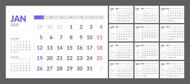 Calendario per il 2020 nuovo anno in stile pulito e minimale tavolo semplice
. - Vettoriali, immagini