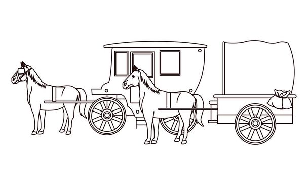 Antique horse carriages animal tractor in black and white - Vector, Image