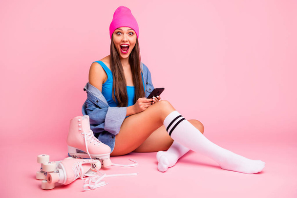 Full length photo of impressed girl screaming wow omg wearing blue bodysuit socks isolated over pink background - Photo, Image