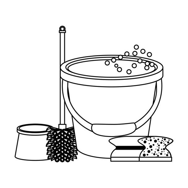 Conjunto de equipamentos e produtos de limpeza a preto e branco
 - Vetor, Imagem