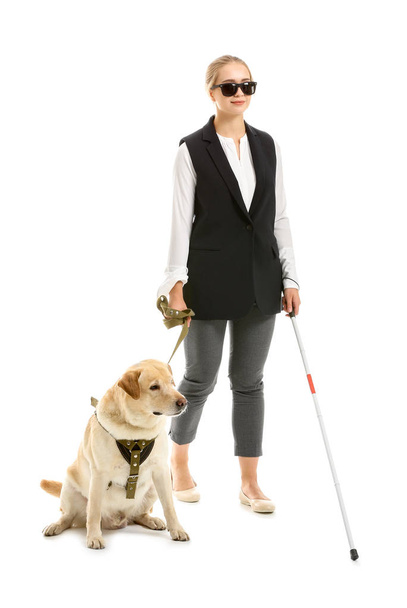 Νεαρή τυφλή γυναίκα με σκύλο-οδηγό σε λευκό φόντο - Φωτογραφία, εικόνα